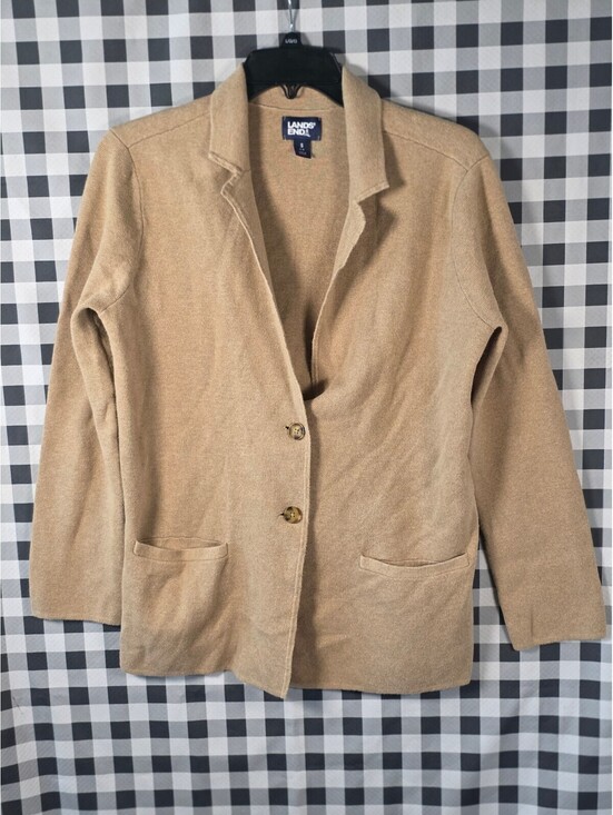 Lands' End Sweaters - Lands' End Women's S Tan Beige Cotton Knit Blazer Cardigan Jacket Quiet Luxury